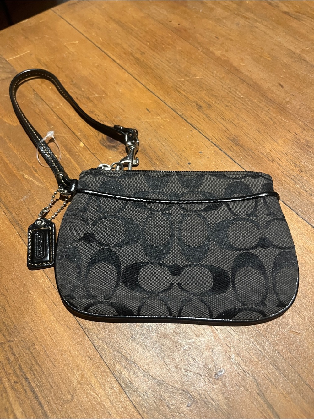 Coach Black Signature Canvas Wristlet with Glossy Trim